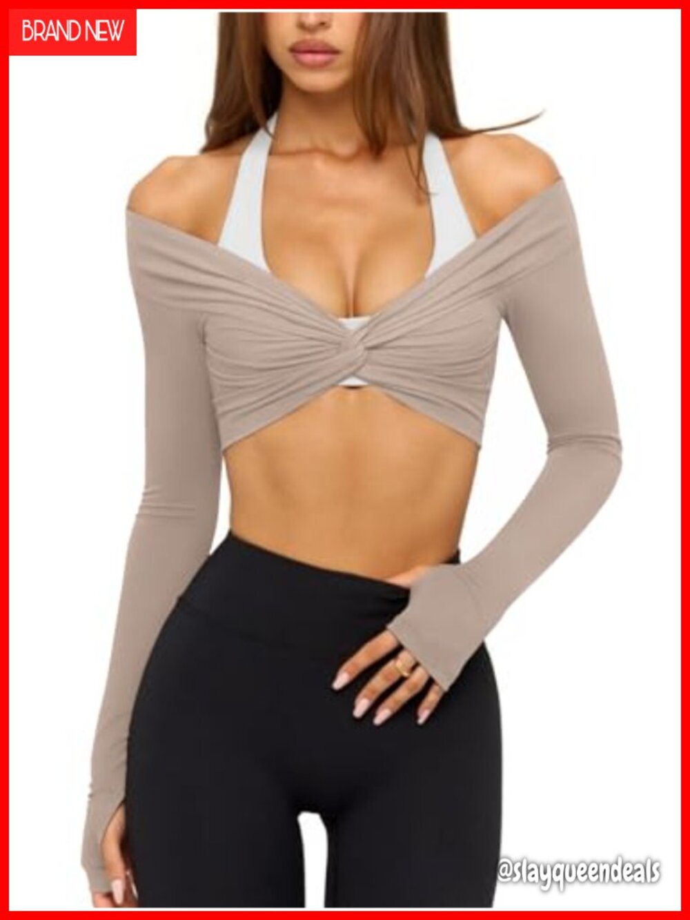 Womens Twist Front Long Sleeve Workout Wrap Top Crop Off Shoulder Thumb Hole